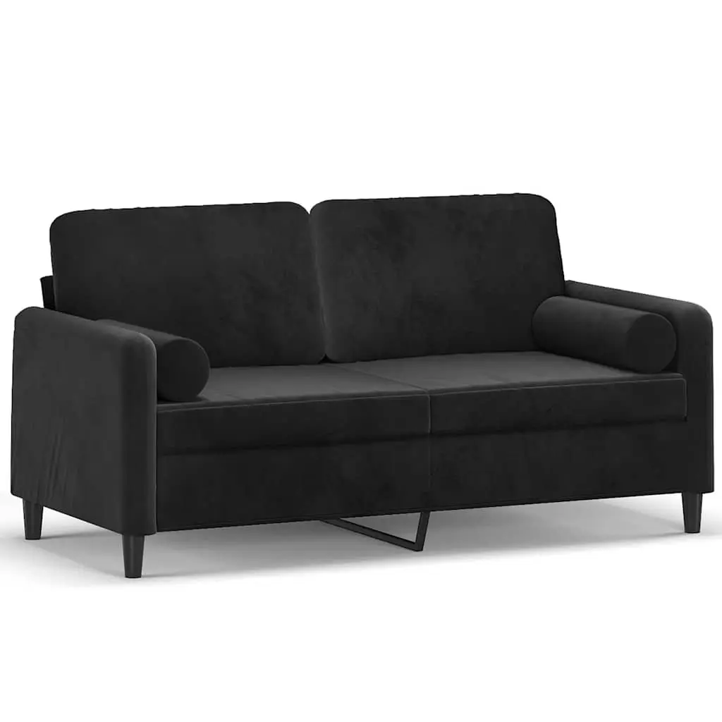 Black 2-Seater Velvet Sofa with Throw Pillows