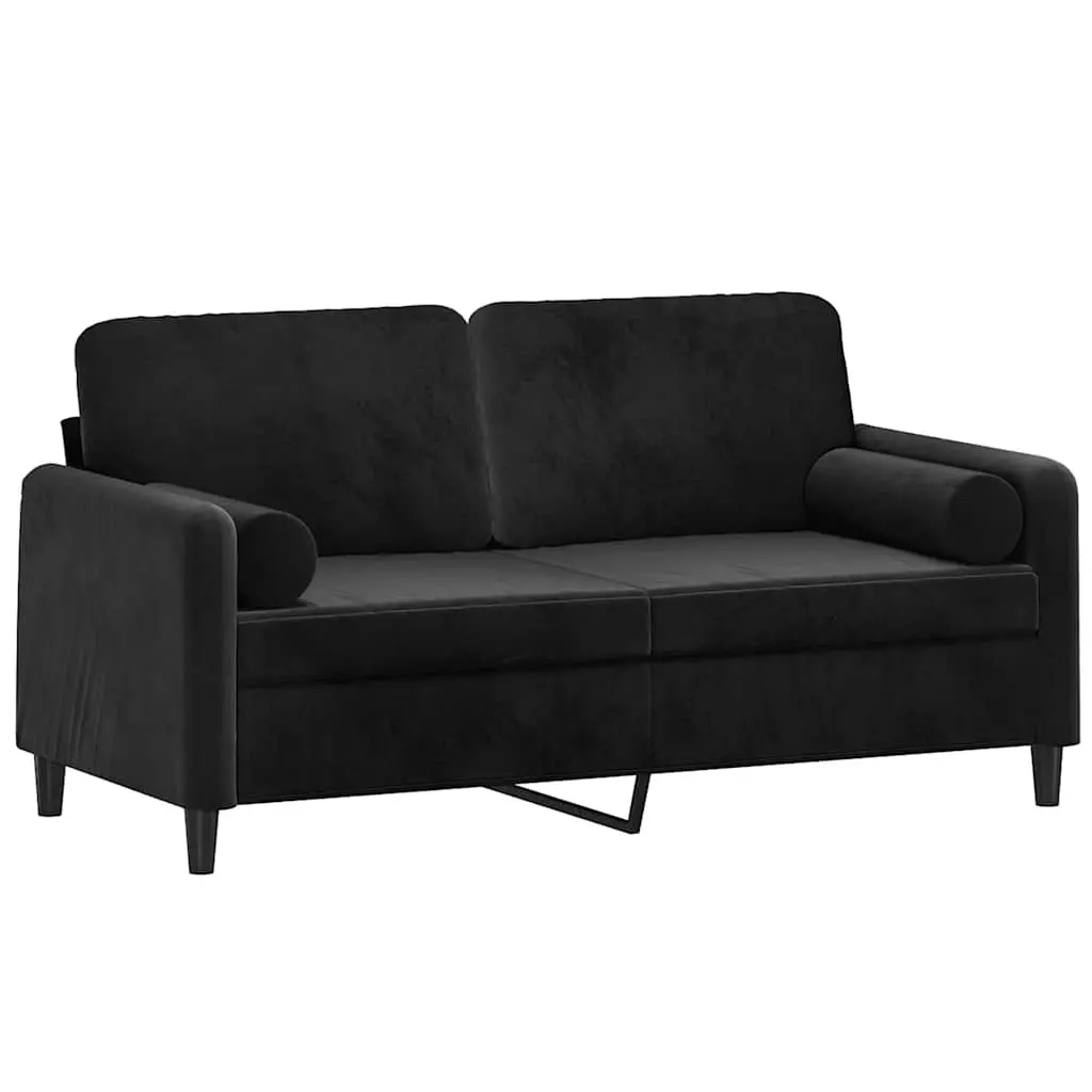 Black 2-Seater Velvet Sofa with Throw Pillows