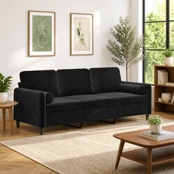 180cm Modern Black Velvet 3-Seater Sofa with Pillows