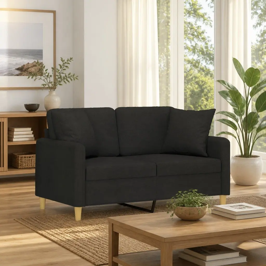 Black 2-Seater Sofa with Throw Pillows 120cm