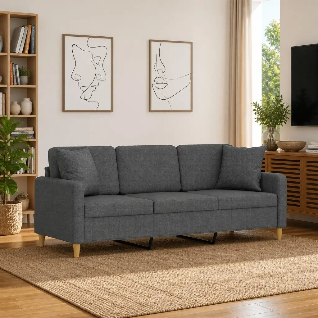 3-Seater Sofa in Dark Grey with Throw Pillows