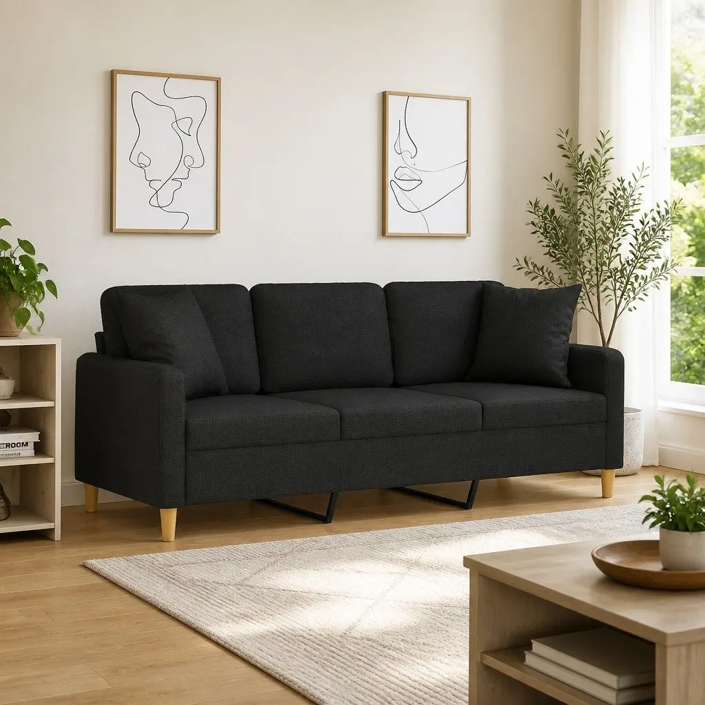 3-Seater Sofa Fabric Black 180cm
