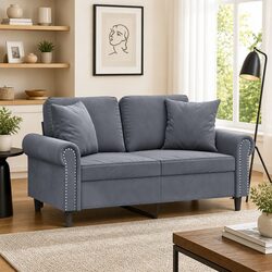 Grey Velvet 2-Seater Sofa with Throw Pillows, 120cm