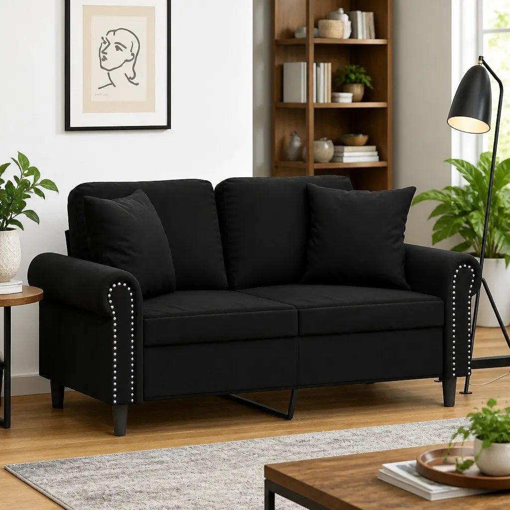 2-Seater Black Velvet Sofa with Plush Pillows