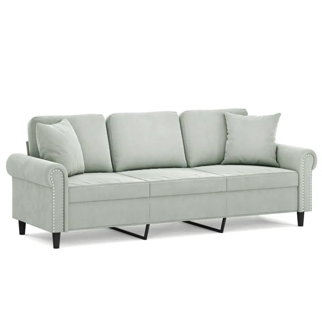 3-Seater Sofa in Grey Velvet with Pillows