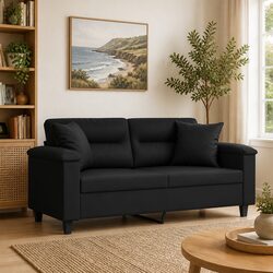 Sturdy 2-Seater Black Faux Leather Sofa with Pillows