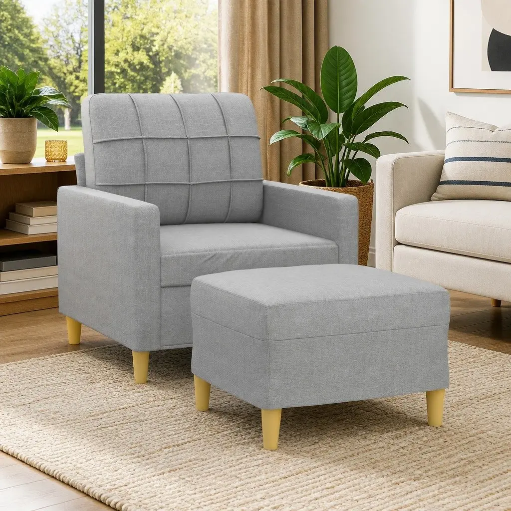 Grey Fabric Sofa Chair with Footstool for Relaxation