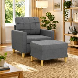 Durable Grey Fabric Lounge Chair with Matching Footstool