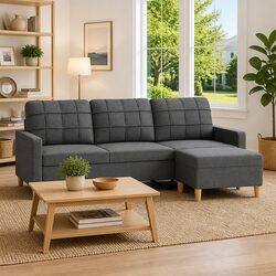 Sturdy 3-Seater Sofa with Footstool in Grey 180cm