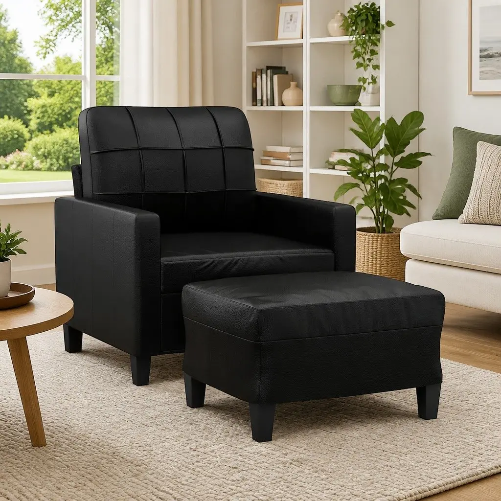 Sofa Chair with Footstool in Black Faux Leather