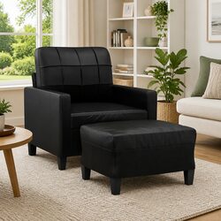 Durable Sofa Chair with Footstool in Black Faux Leather