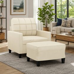 Cream Faux Leather Sofa Chair with Footstool