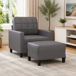 Compact Grey Faux Leather Sofa Chair with Footstool