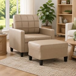 Durable Faux Leather Sofa Chair with Footstool in Brown