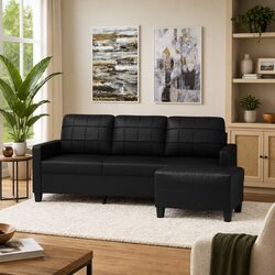 Sturdy 3-Seater Sofa with Footstool in Black Faux Leather