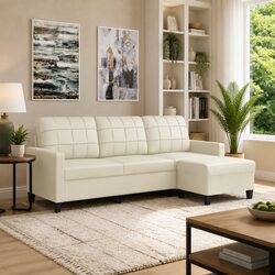 Quality 3-Seater Sofa with Footstool in Cream Faux Leather