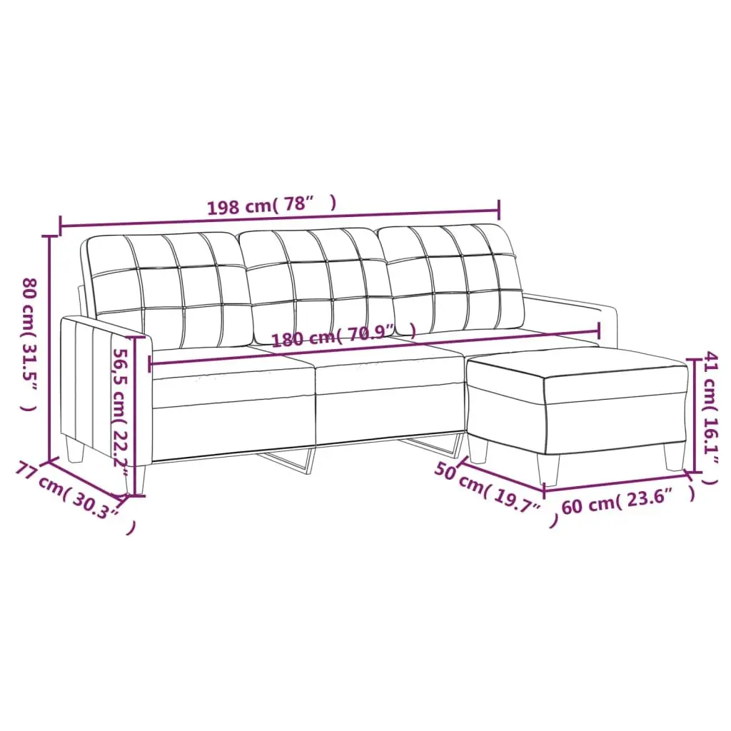 3-Seater Sofa with Footstool in Grey 180cm