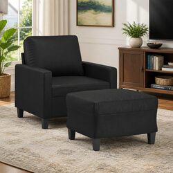 Black Faux Leather Lounge Sofa Chair with Footstool