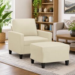 Sturdy Cream Faux Leather Sofa Chair with Footstool