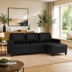 Sturdy Black Faux Leather 3-Seater Sofa with Footstool
