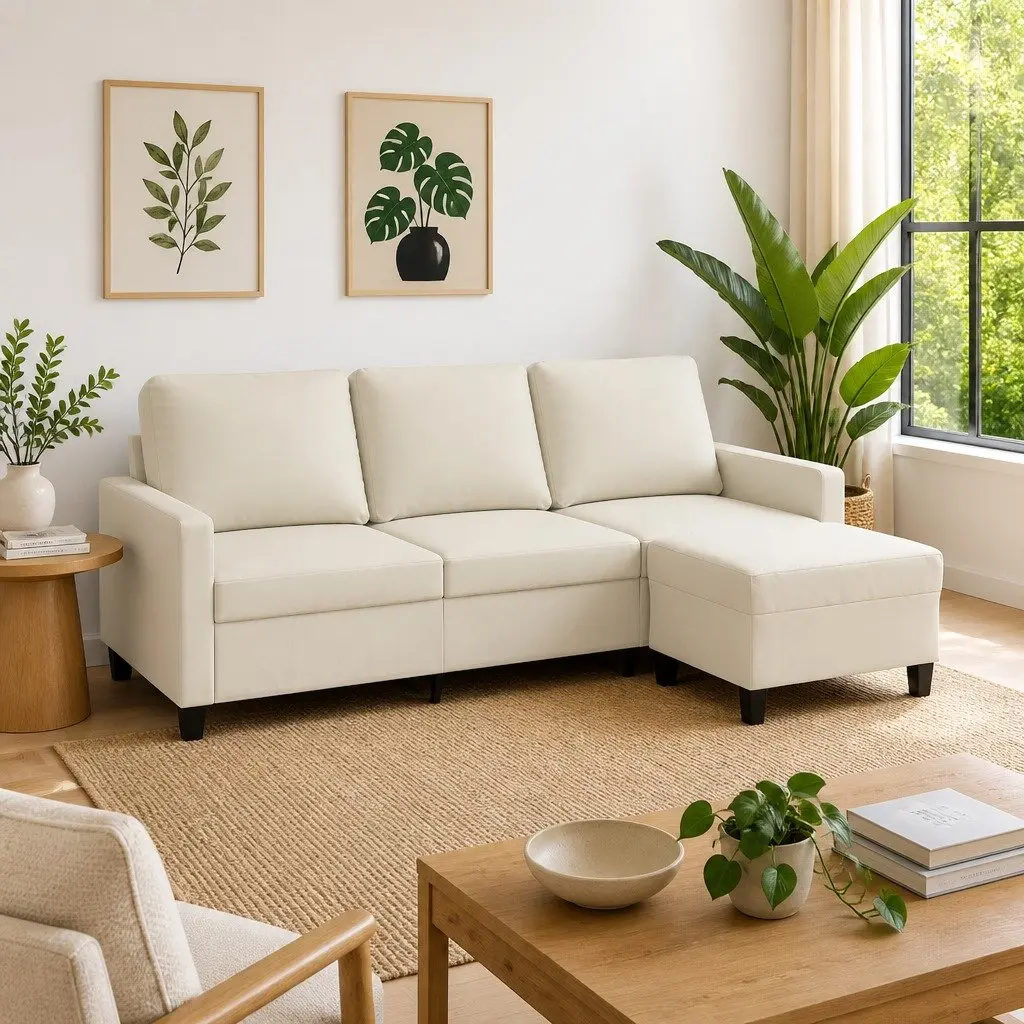 3-Seater Sofa Faux Leather 180cm Cream with Footstool