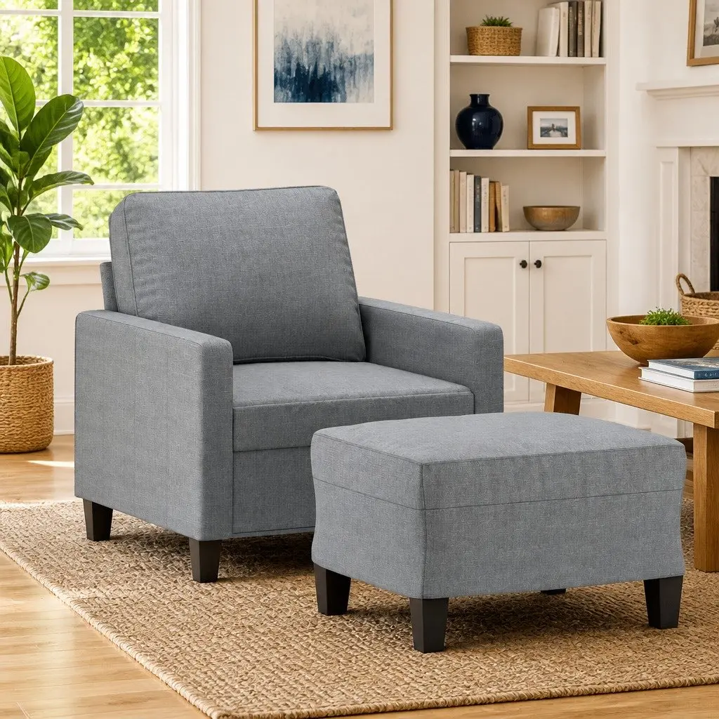 Grey Fabric Sofa Chair with Matching Footstool