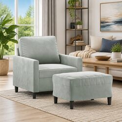 Durable Grey Velvet Sofa Chair with Footstool 60cm