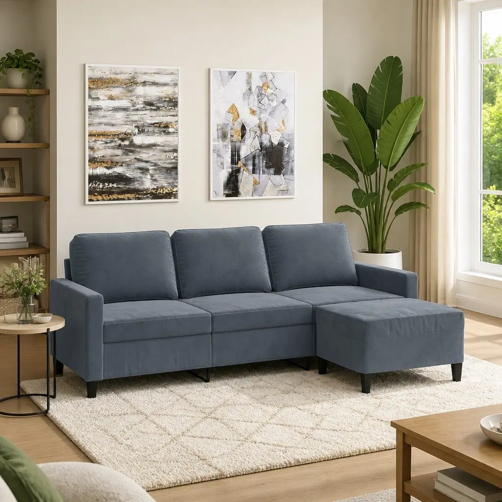 3-Seater Sofa with Footstool in Grey Velvet