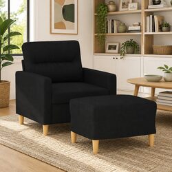 Black Fabric Sofa Chair with Footstool Compact Living Room Seating Armchair 60cm