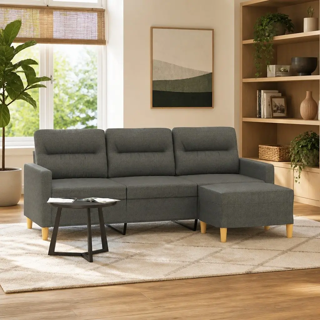 3-Seater Sofa Fabric Grey 180cm with Footstool