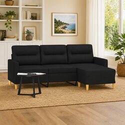 Black 3-Seater Sofa with Footstool - 180cm Quality Furniture