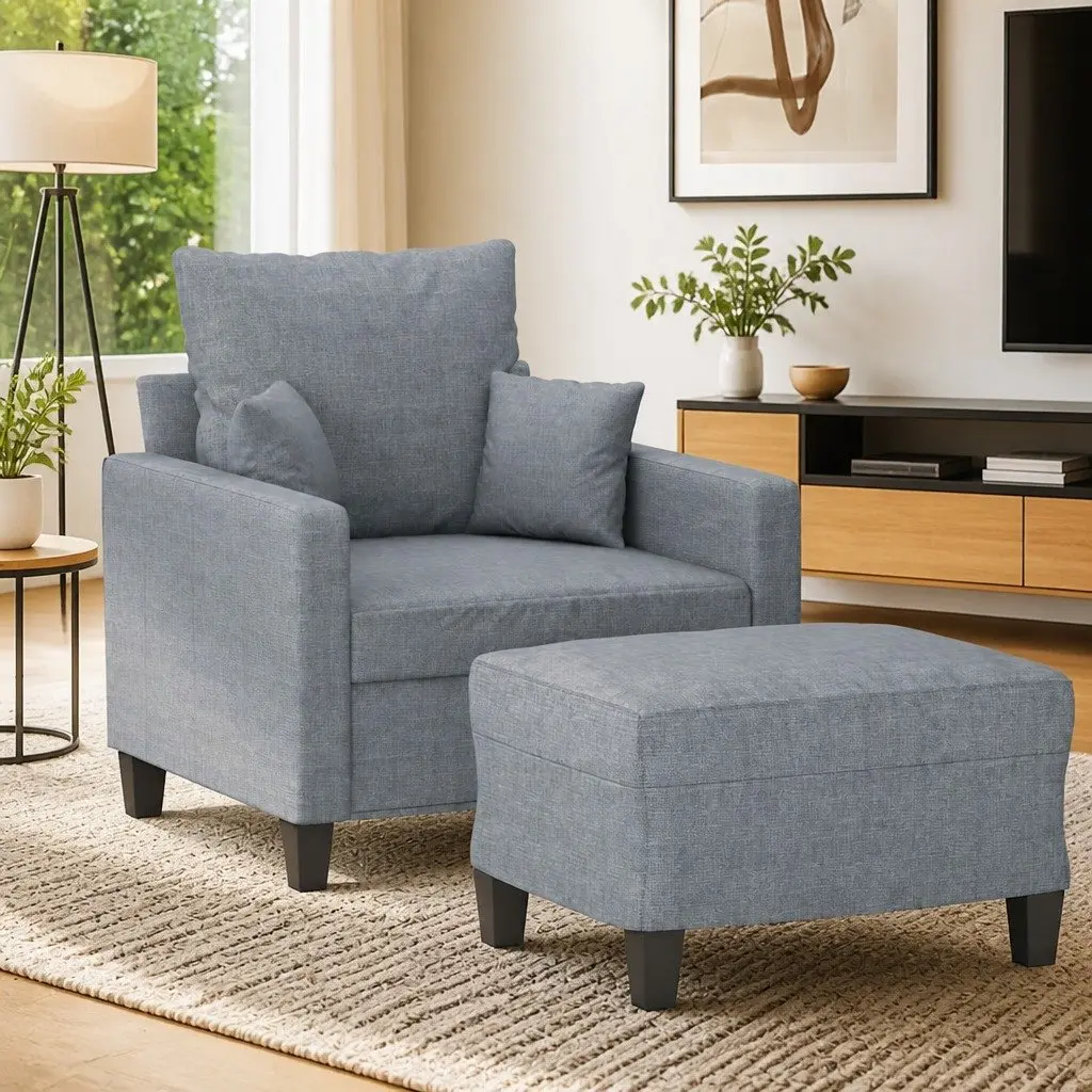 Sofa Chair Fabric Grey Compact with Footstool