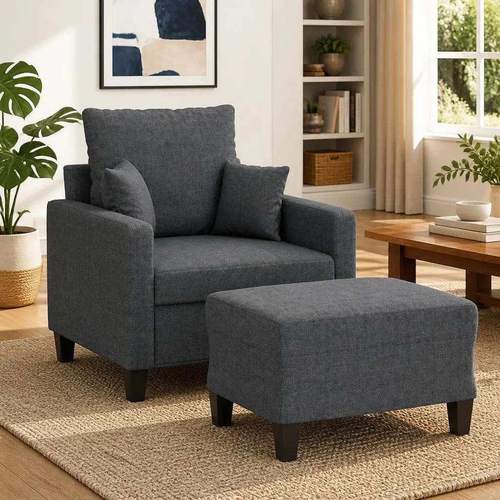 Grey Fabric Sofa Chair with Footstool
