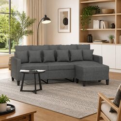 Grey Fabric 3-Seater Sofa with Footstool for Living Room