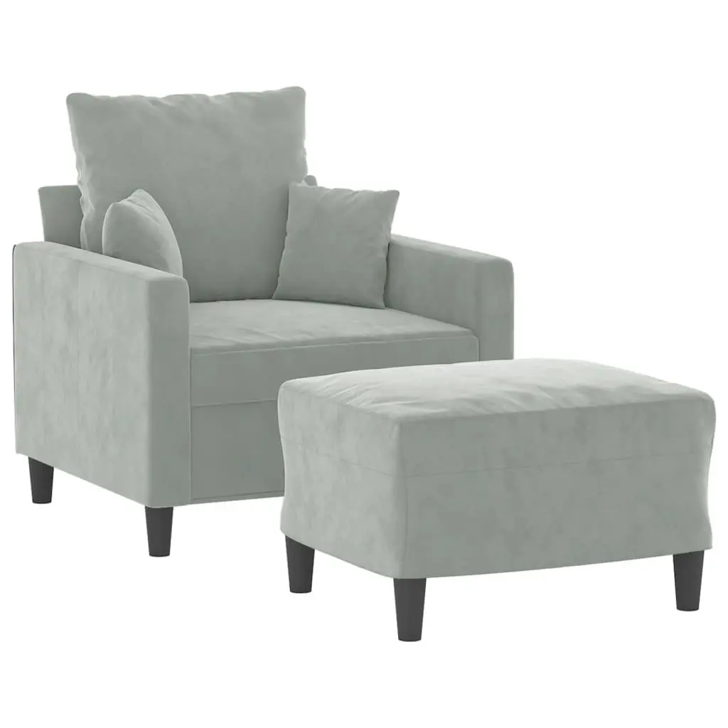 Sofa Chair with Footstool Grey Velvet Armchair Relaxing Lounge Seat Home