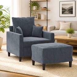 Durable Grey Velvet Armchair with Footstool for Living Room