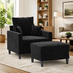 Black Velvet Armchair with Footstool for Living Room