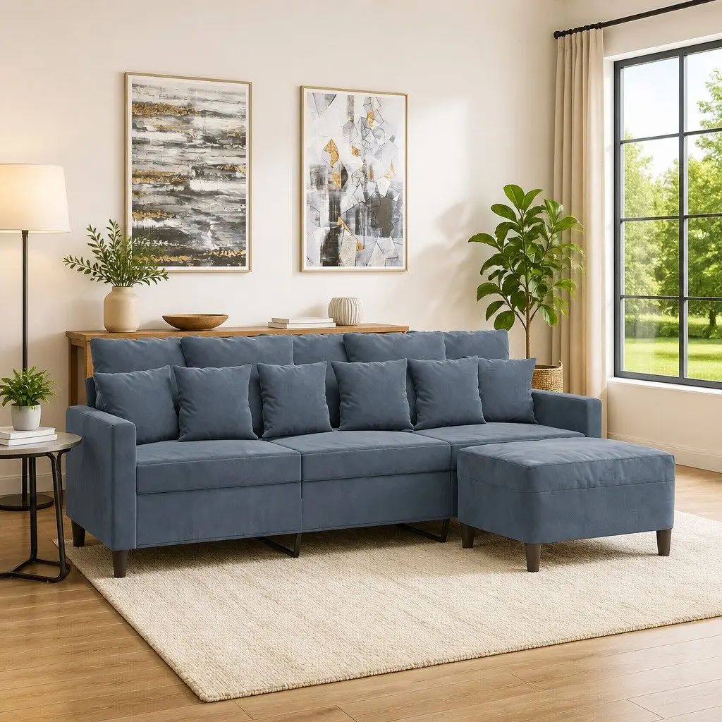 Grey Velvet 3-Seater Sofa with Footstool