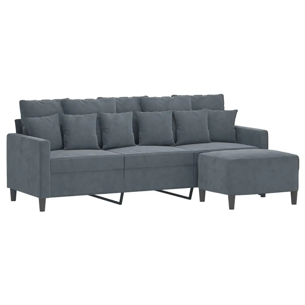 Grey Velvet 3-Seater Sofa with Footstool