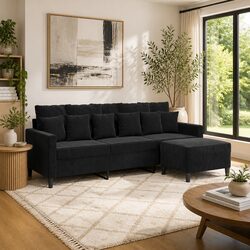 Black 3-Seater Sofa with Footstool, 180cm Velvet Design
