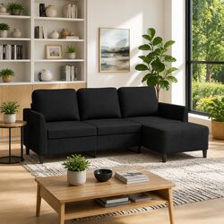 Sturdy Black Faux Leather 3-Seater Sofa with Footstool