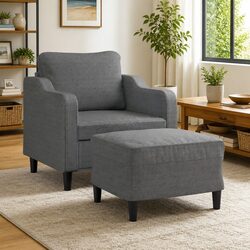 Durable Grey Fabric Sofa Chair with Footstool