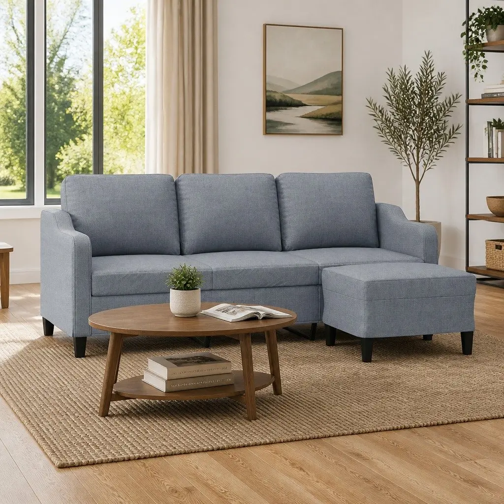 Grey Fabric 3-Seater Sofa with Footstool 180cm