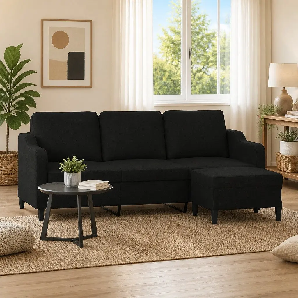 3-Seater Sofa Fabric 180cm Black with Footstool