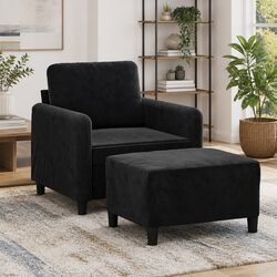 Sturdy Black Velvet Sofa Chair with Footstool 60cm