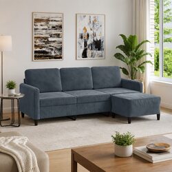 Durable Grey Velvet 3-Seater Sofa with Footstool
