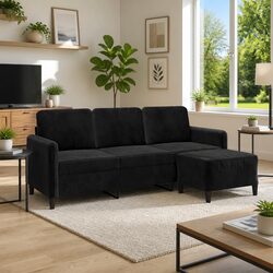 Durable 3-Seater Sofa with Footstool in Black