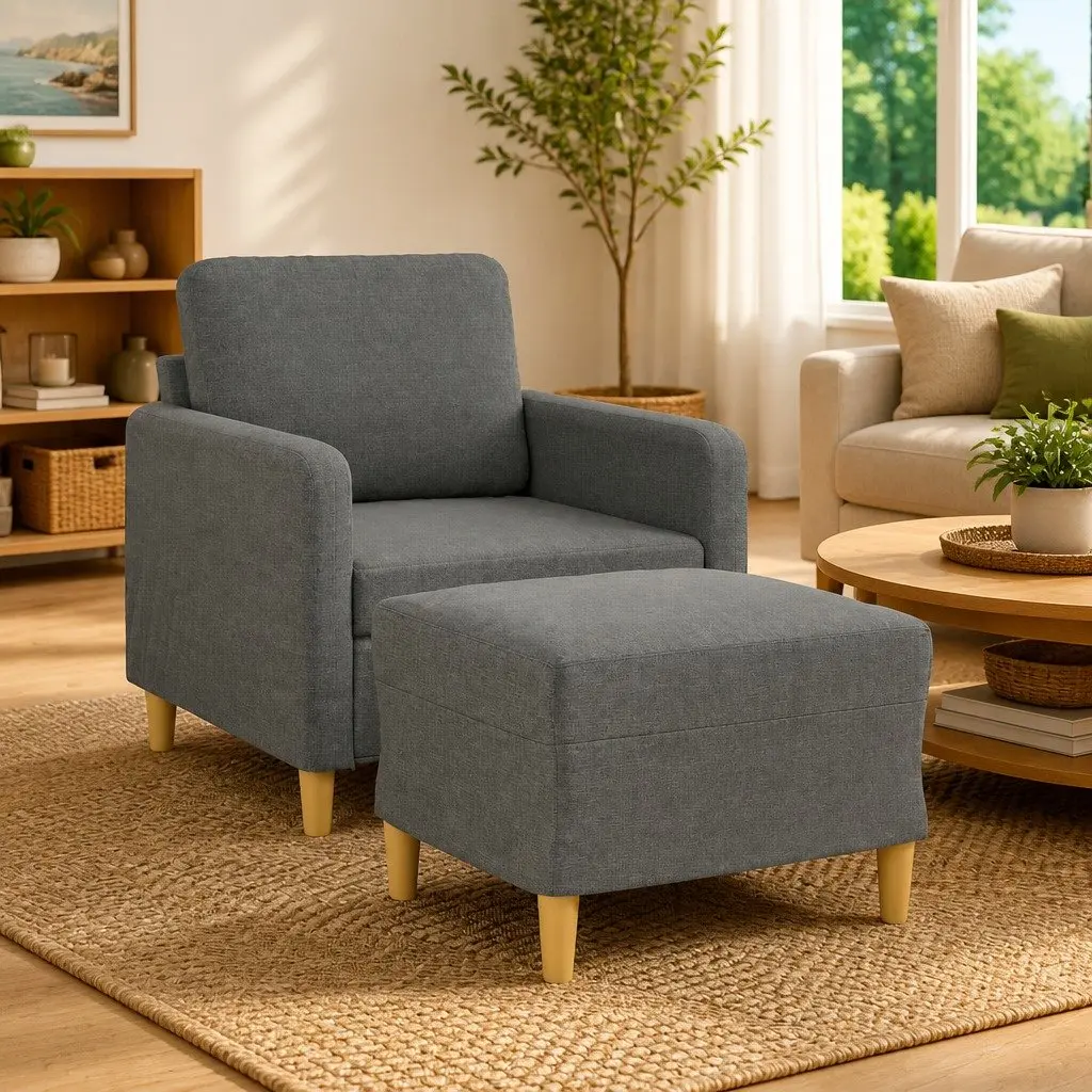 Grey Fabric Sofa Chair with Footstool Armchair Lounge Seat Living Room Furniture