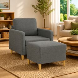 Durable Grey Fabric Sofa Chair with Versatile Footstool