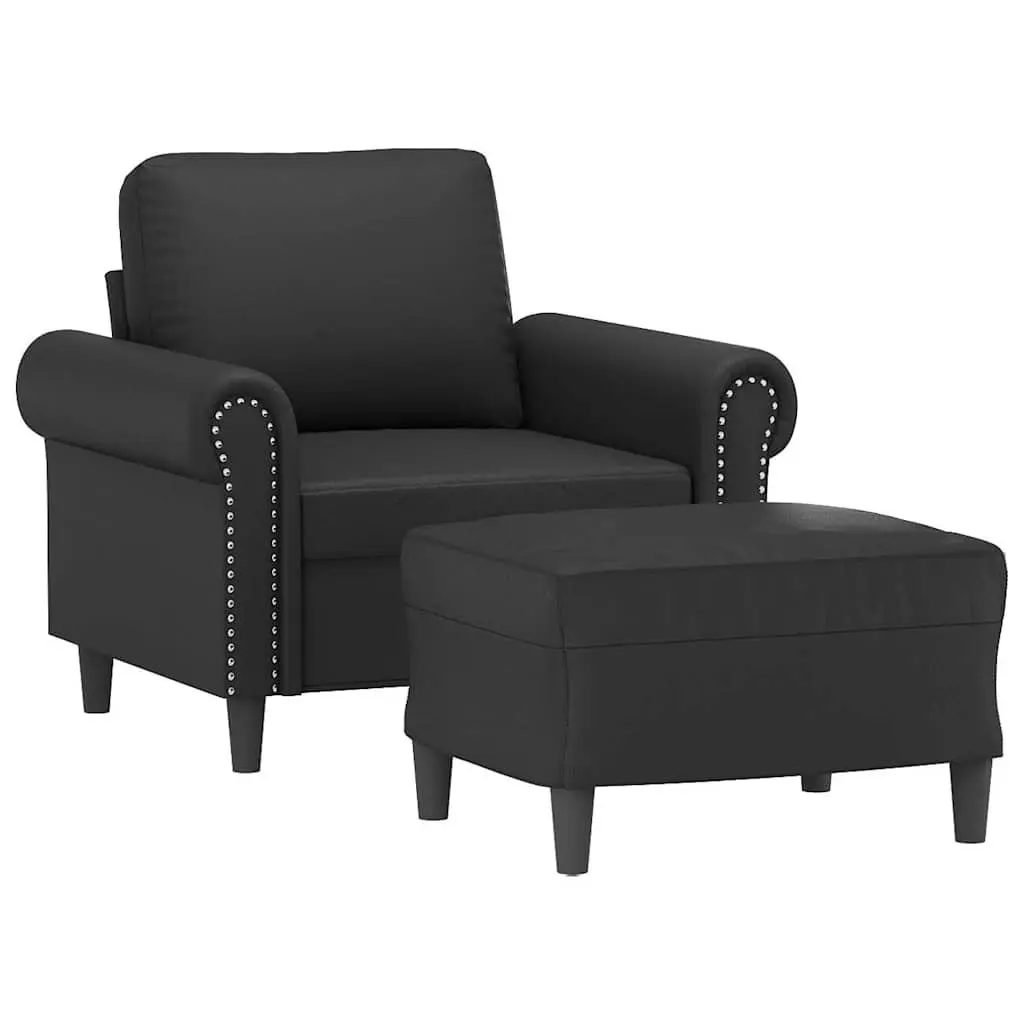 Sofa Chair with Footstool Black Faux Leather Compact Lounge Seat Armchair
